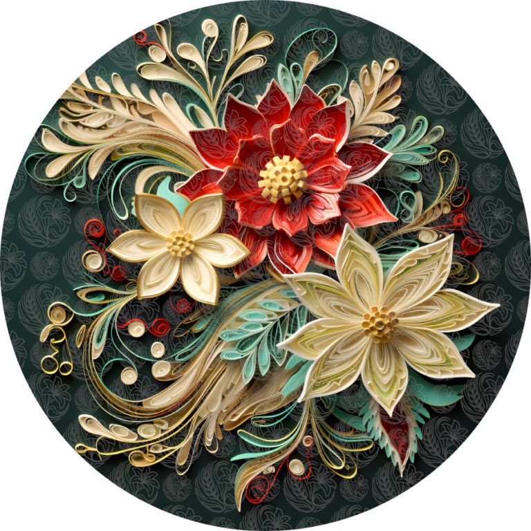 Paper art floral bouquet featuring red and cream quilled poinsettias on teal, Grey Barn Handwerk, Saskatchewan.